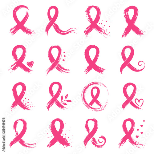  Hand drawn pink breast cancer ribbons, brush stroke awareness symbols with hearts and floral accents, isolated collection, healthcare campaign design