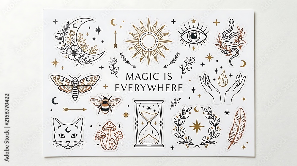 Naklejka premium Mystical celestial elements collection featuring esoteric symbols and witchcraft illustrations on a white textured paper surface with esoteric line art
