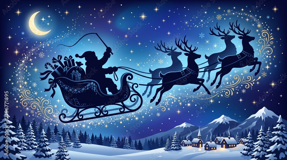 Naklejka premium Santa in sleigh with four reindeer flying across starry night sky, gifts onboard, crescent moon, snowy landscape with pine trees and houses, magical festive Christmas illustration.