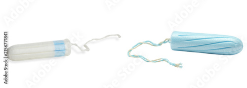 Cuadro en lienzo Two tampons with strings, one white with blue stripes and one light blue, isolat