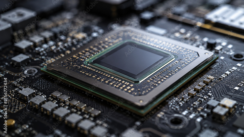 Fototapeta premium Macro Close-up of Microprocessor Chip on Printed Circuit Board