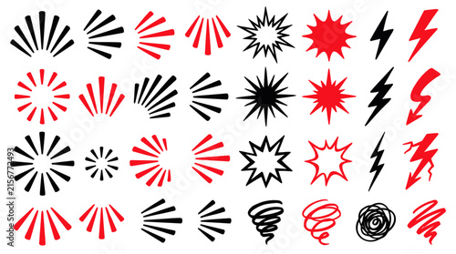 Retro comic burst icons vector set, red and black explosion shapes and lightning bolts, pop art starburst design elements