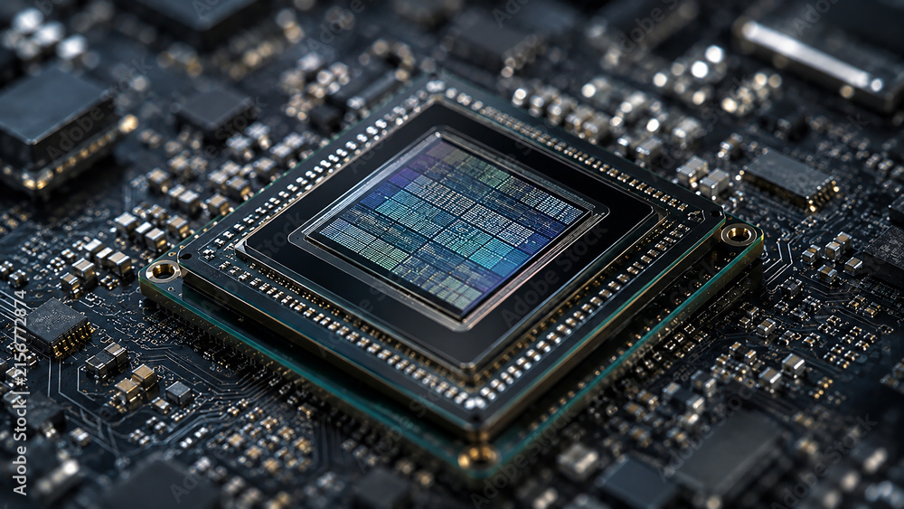 Fototapeta premium Macro Close-Up of a Computer Processor Chip on a Circuit Board