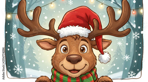 Cute reindeer wearing a santa hat and scarf in winter illustration