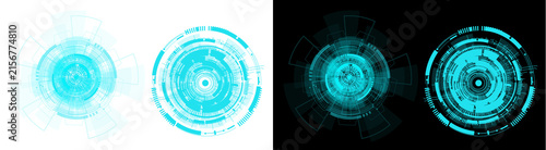 PNG image of Detailed futuristic cyan circles featuring intricate mechanical gear patterns and complex data nodes displayed in bright high contrast on transparent background