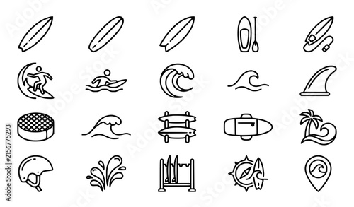 Photography Surfing and Surfboard Thin Line Icons Set Ocean Sport Vector Collection