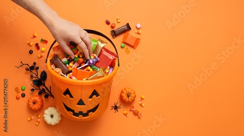 Hand reaching into a halloween pumpkin bucket filled with assorted candies, trick or treat