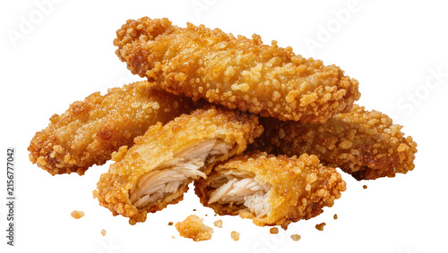 Картината върху платно Golden crispy chicken tenders with crunchy breading one broken open, isolated on