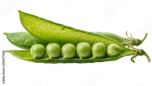 Foto Fresh green pea pod with six round peas, isolated on transparent background