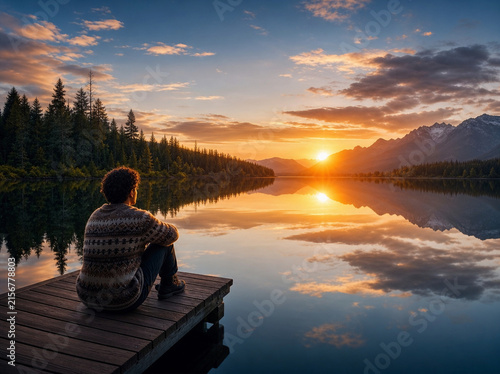 Man sitting on a wooden dock looking at sunset over a mountain lake