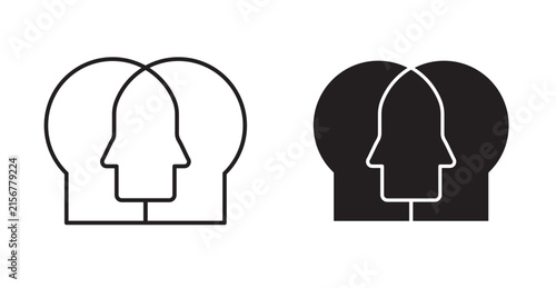 An empathy icon typically features two profile heads facing each other with a heart in the middle, or hands cradling a heart. It symbolizes human connection, care, and emotional support