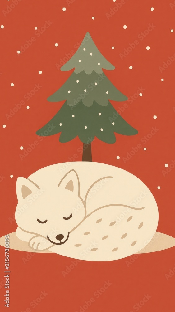 Naklejka premium Cozy fox beneath snowy tree.