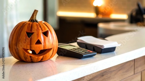 Retail shopping business on Halloween concept. Carved Halloween pumpkin with a smiling face placed on a kitchen counter near a calculator and receipt printer.