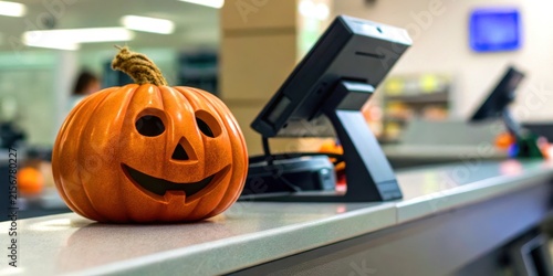 Retail shopping business on Halloween concept. Carved pumpkin jack-o'-lantern sitting on a store checkout counter with a point-of-sale terminal in the background.