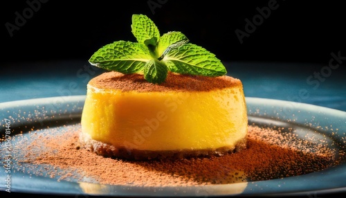 Delicious Flan Dessert with Mint Garnish on Plate.