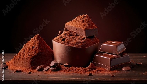 Rich Dark Chocolate Powder and Bars on Wooden Surface.