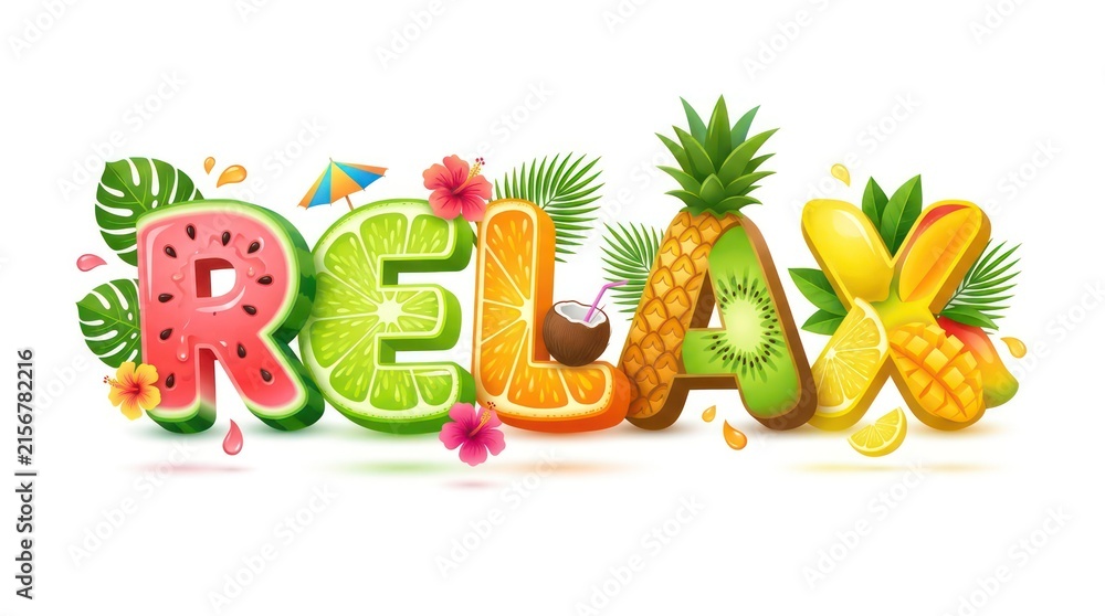 Fototapeta premium Relax Typography with Tropical Fruits Watermelon Lime Orange Pineapple Mango