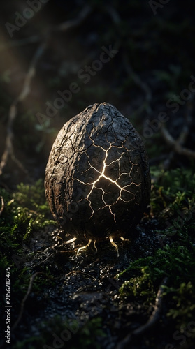 Mysterious Glowing Seed Pod on Mossy Forest Floor with Growing Roots