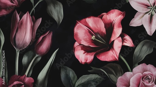 Dark Moody Floral Background with Pink Tulips and Roses