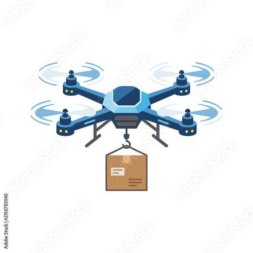 Autonomous blue delivery drone quadcopter flying with cardboard package on hook, fast shipping logistics and modern tech concept illustration