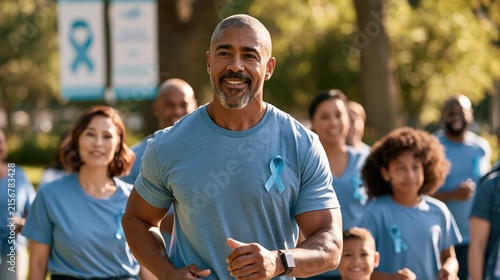 Prostate Cancer Awareness Month: a diverse group of men and families walking together outdoors during a prostate cancer awareness charity walk, wearing light blue t-shirts and ribbons