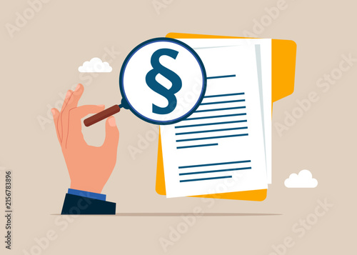 Paragraph magnifying glass inspecting a checklist. Smart contract verification. Legal problems concept. Flat vector illustration