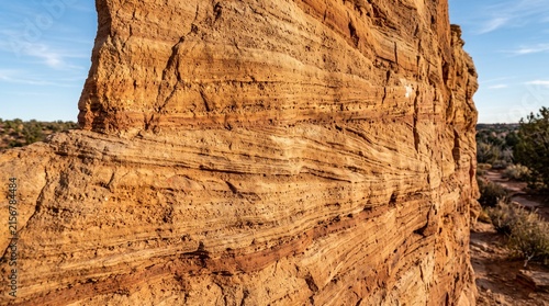 Sandstone rock formation with earthy textures. Natural canyon wall in desert landscape.