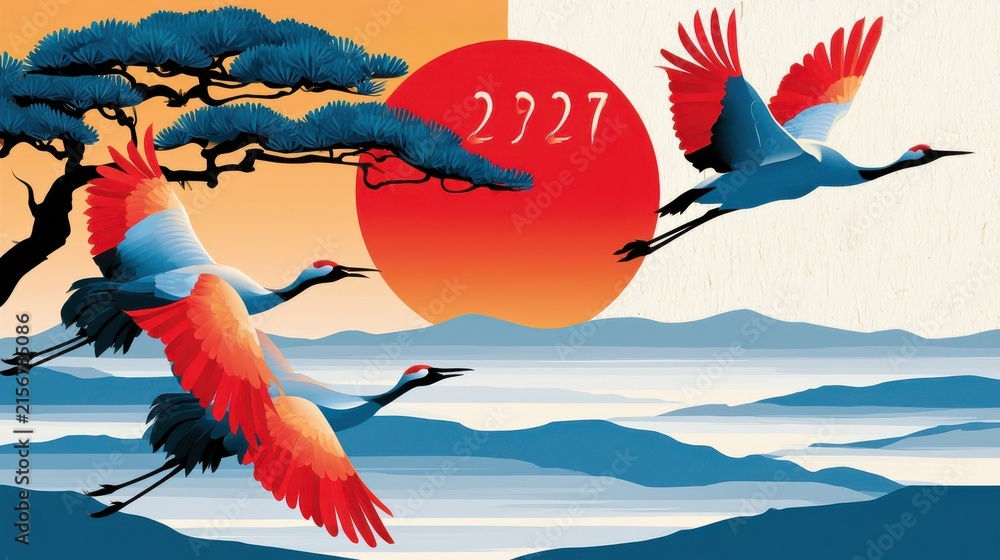 Naklejka premium Japanese New Year 2027 illustration with cranes and red sun in sumi e style