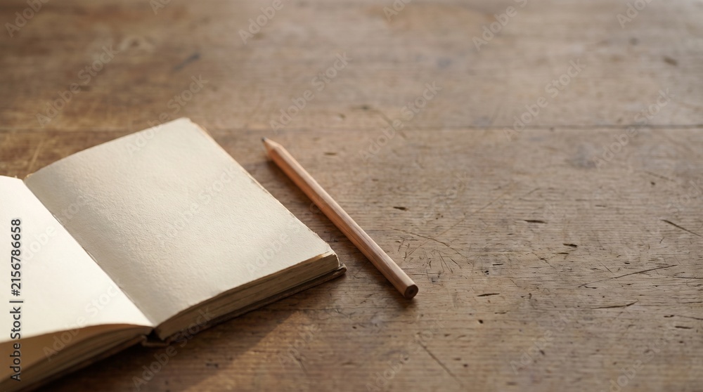 Fototapeta premium Blank open notebook and wooden pencil on a rustic wooden table background for sketching and writing