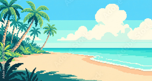 Pixel Art Tropical Beach with Palm Trees, Turquoise Ocean and Sunny Summer Sky