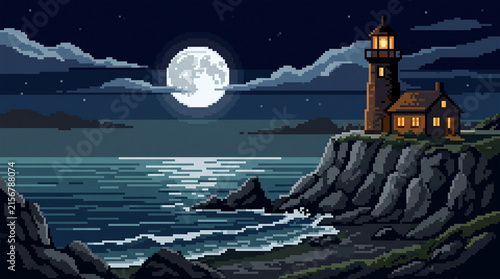 Pixel Art Lighthouse on Rocky Coast under Full Moon and Starry Night Sky