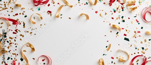 Joyful celebration flat lay with gold, red, and green confetti pieces and curled ribbons framing a clean white copy space. Perfect for holiday party invites, New Year campaigns, and festive.