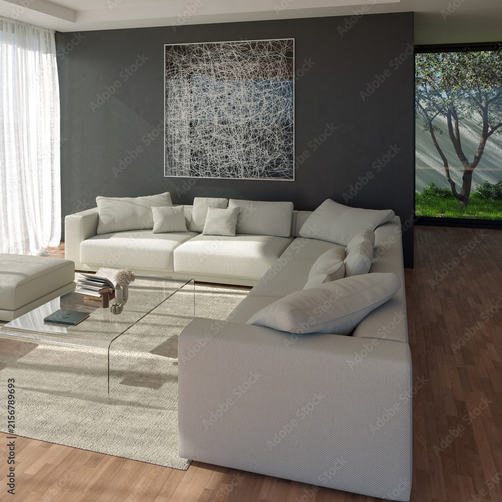 Fototapeta premium 3D render, illustration Fan Ventilation Large Luxury modern living room interior, brutalist architecture realistic lighting, Graphic Overlay wide angle, contemporary furniture, clean lines, minimal