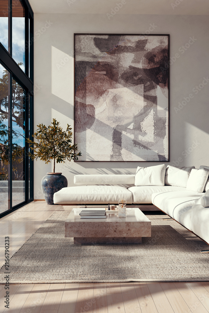Fototapeta premium 3D render, illustration Fan Ventilation Large Luxury modern living room interior, brutalist architecture realistic lighting, Graphic Overlay wide angle, contemporary furniture, clean lines, minimal