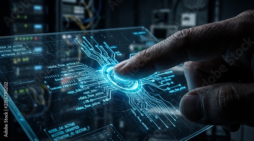 Futuristic Cybersecurity Network Interface with Finger Touching Digital Data Flow