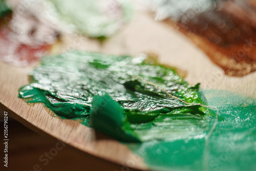 Cuadro en lienzo Macro shot with extreme shallow depth of field of thick green oil paint impasto