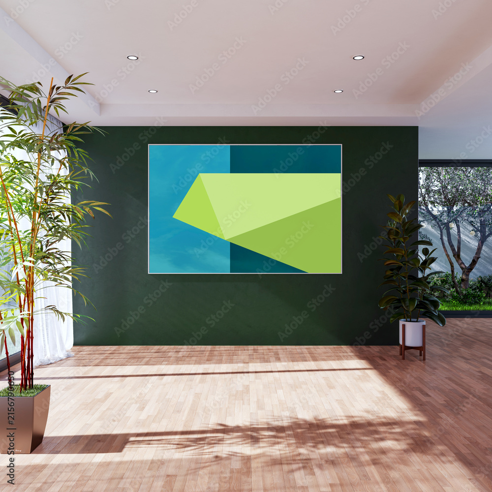 Fototapeta premium 3D render, illustration Fan Ventilation Large Luxury modern living room interior, brutalist architecture realistic lighting, Graphic Overlay wide angle, contemporary furniture, clean lines, minimal