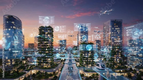 Futuristic Smart City with Green Architecture Autonomous Transportation and Digital HUD at Sunset