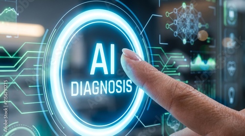 AI Diagnosis Digital Healthcare Interface with Human Finger Touching Technology Screen