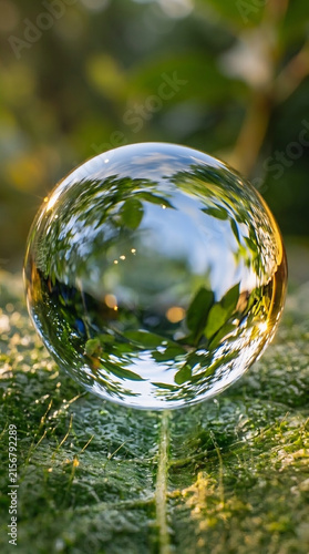 Crystal Ball on Green Leaf Reflecting Forest Landscape and Sky