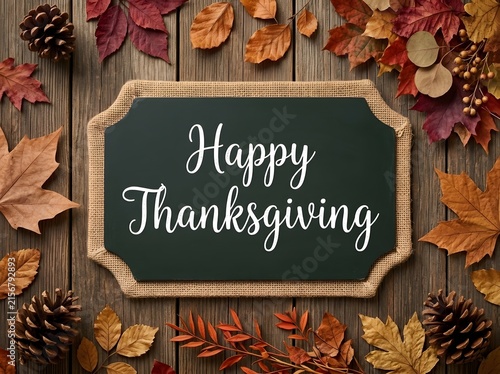 Thanksgiving-Chalkboard Greeting With Autumn Leaves, Pinecones And Rustic Wooden Background