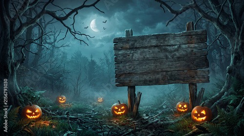 Spooky halloween forest scene with carved pumpkins and an empty wooden sign for text