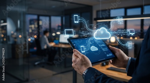 Digital Cloud Computing Network Connecting Devices in Modern Business Office