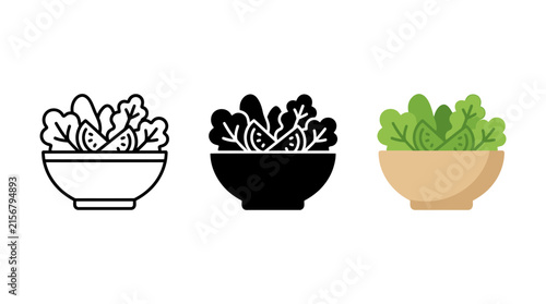 Fresh mixed greens salad in simple bowl icon collection in outline solid and flat style