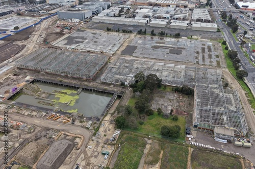 Aerial view of industrial site redevelopment and urban decay