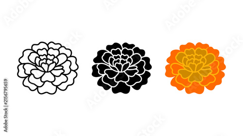 Marigold flower icon set in outline solid colorful flat design styles marigold abstract