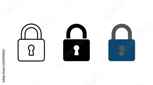 Three padlock icons: outline silhouette blue color with silhouette collection security isolated