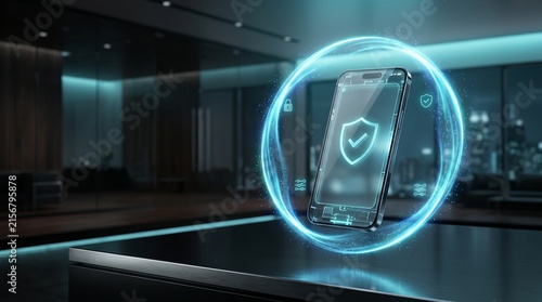 Futuristic smartphone protected by glowing digital security shield in modern office