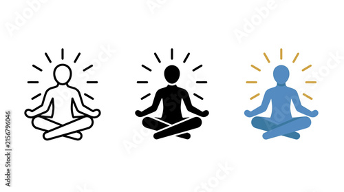 Person meditating in lotus position with glowing aura icon set meditation mindfulness wellness