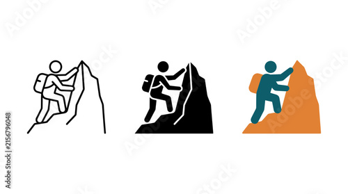 Foto Backpacker climbing steep mountain cliff icon set in three distinct styles with